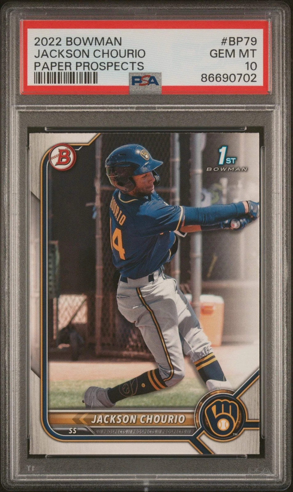 Graded 2022 Bowman Jackson Chourio #BP79 Paper Prospects RC Baseball Card PSA 10
