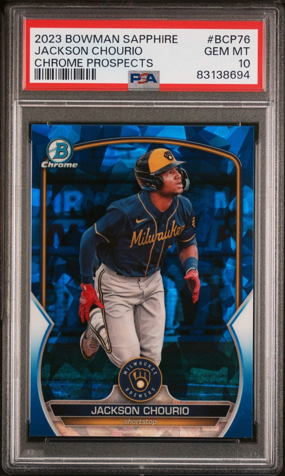 Graded 2023 Bowman S/E Jackson Chourio #BCP76 Chr-Pro RC Baseball Card PSA 10