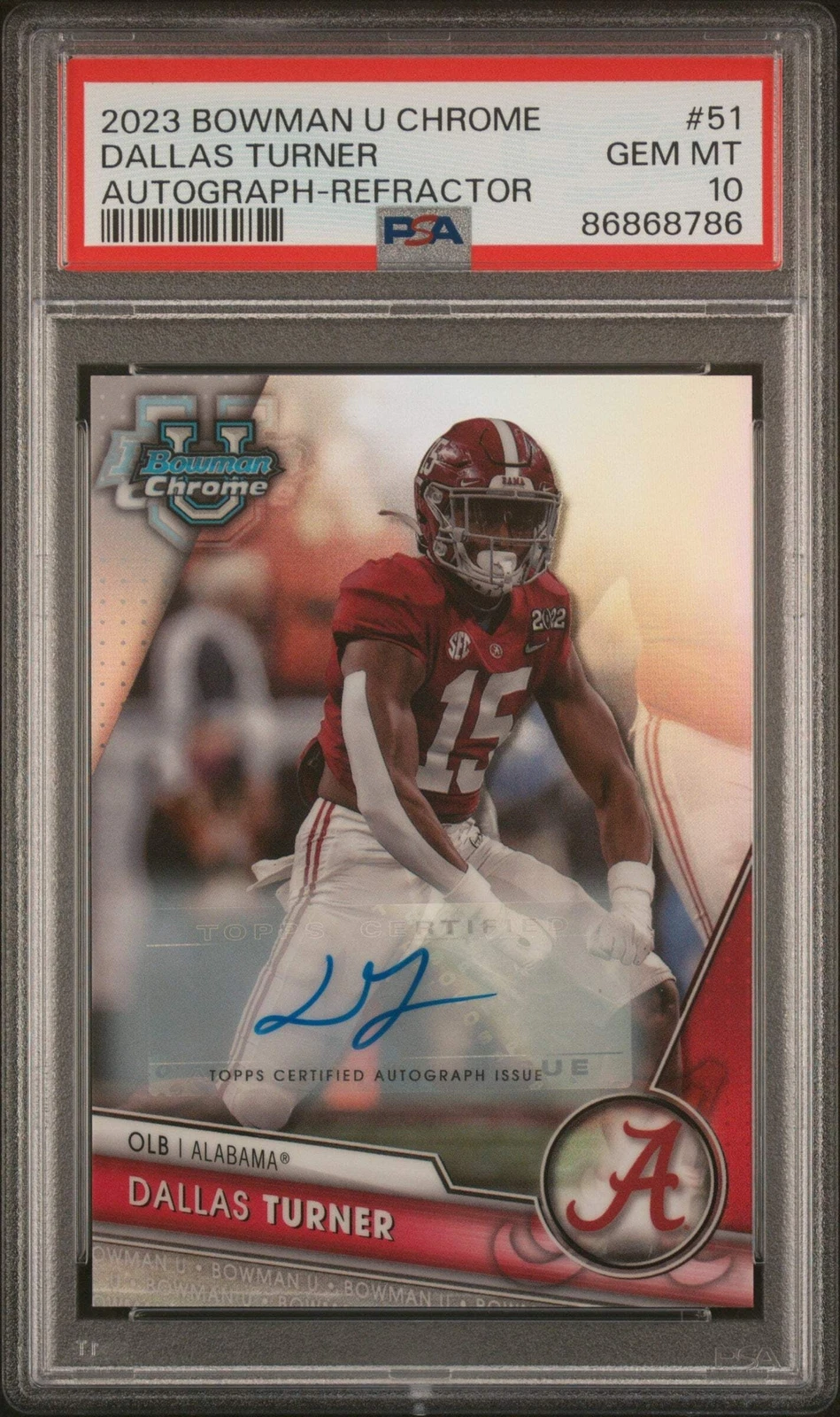 Graded 2023 Bowman U CHR Dallas Turner #51 Auto REF #/499 Football Card PSA 10