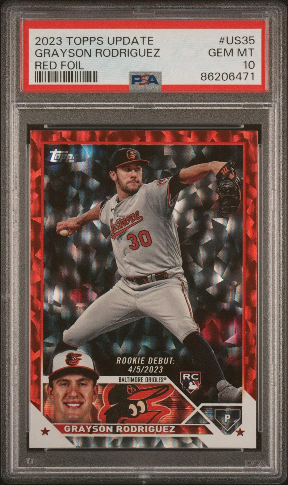 Graded 2023 Topps Grayson Rodriguez #US35 Red Foil #/199 RC Baseball Card PSA 10