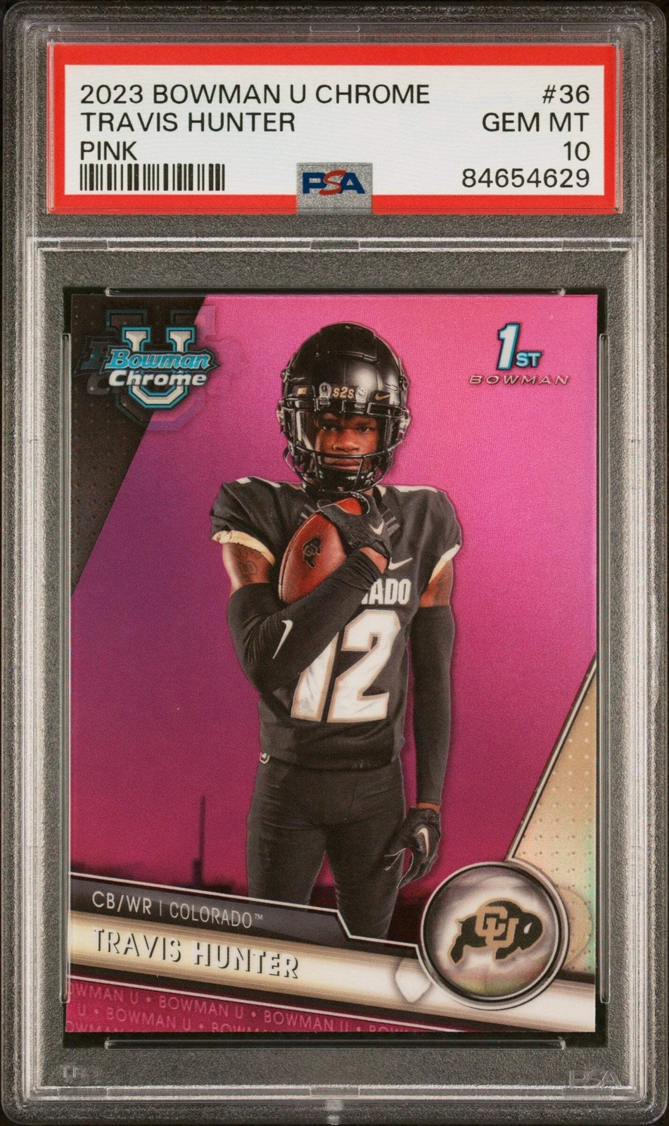 Graded 2023 Topps Bowman U Chrome Travis Hunter #36 Pink RC Football Card PSA 10