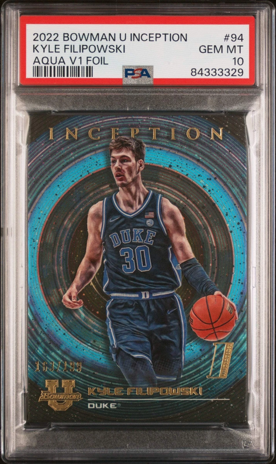 Graded 2022 Bowman Kyle Filipowski #94 Aqua V Foil #/199 Basketball Card PSA 10