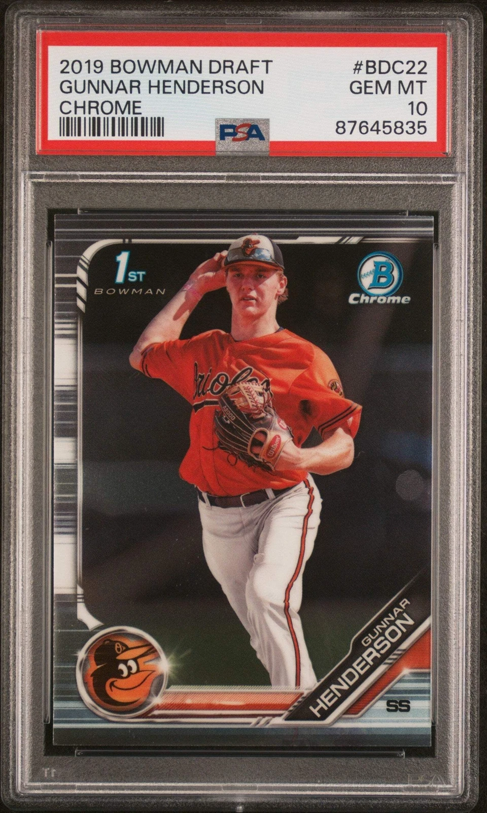 Graded 2019 Bowman Draft Gunnar Henderson #BDC22 Chrome RC Baseball Card PSA 10