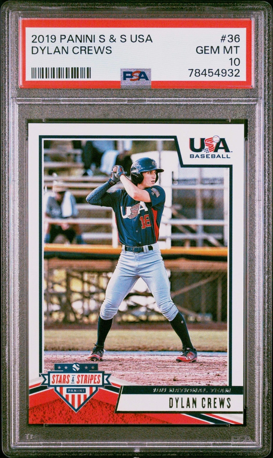 Graded 2019 Panini Stars & Stripes USA Dylan Crews #36 RC Baseball Card PSA 10