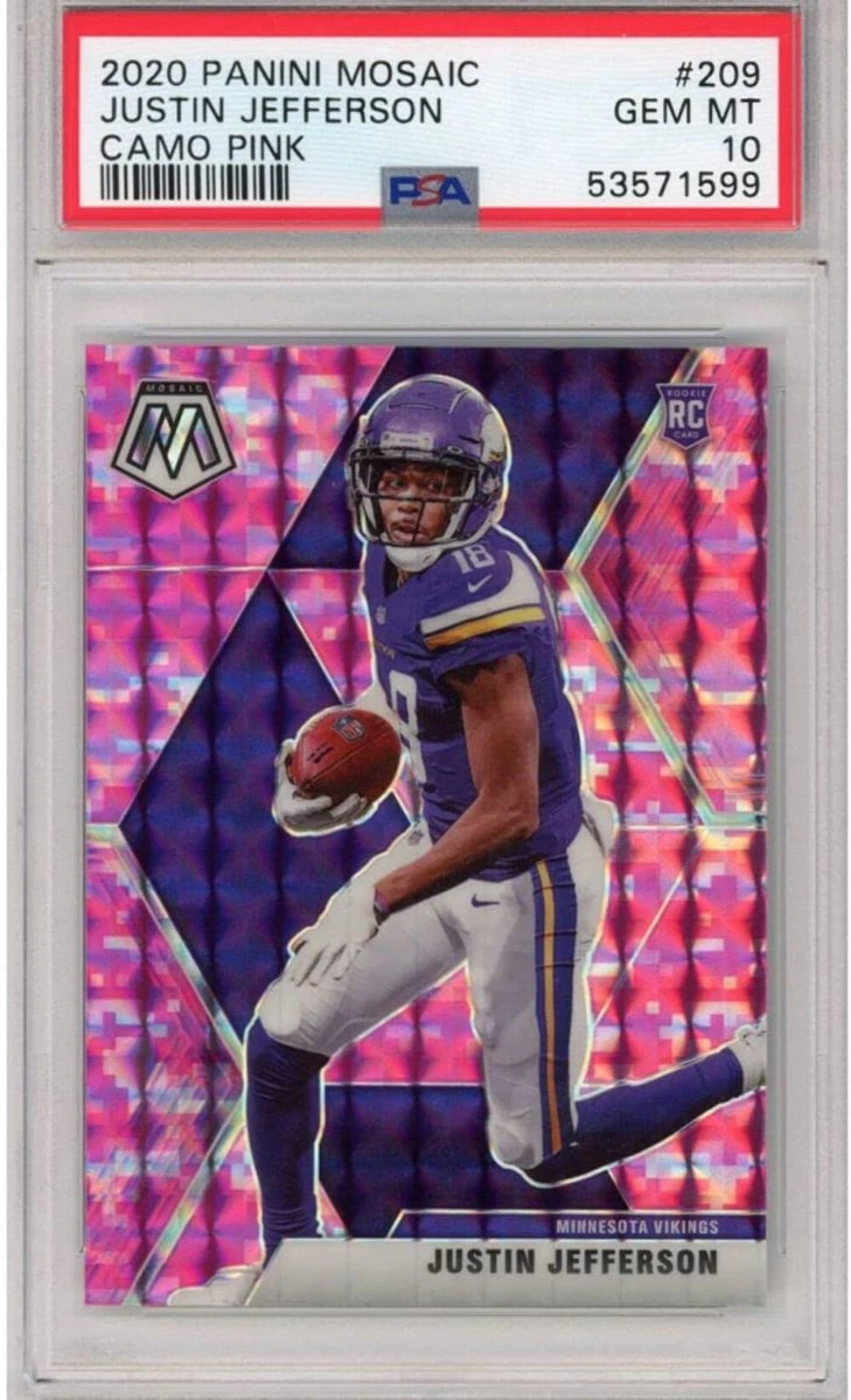 Graded 2020 Panini Mosaic Justin Jefferson #209 Camo Pink Rookie RC Football Car