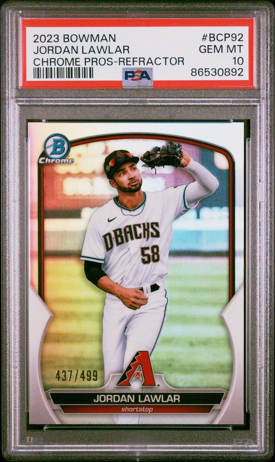 Graded 2023 Bowman Jordan Lawler #BCP92 Chrome REF #/499 RC Baseball Card PSA 10