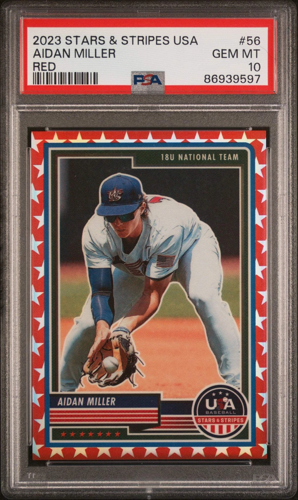 Graded 2023 Stars & Stripes USA Aidan Miller #56 Red #/149 Baseball Card PSA 10