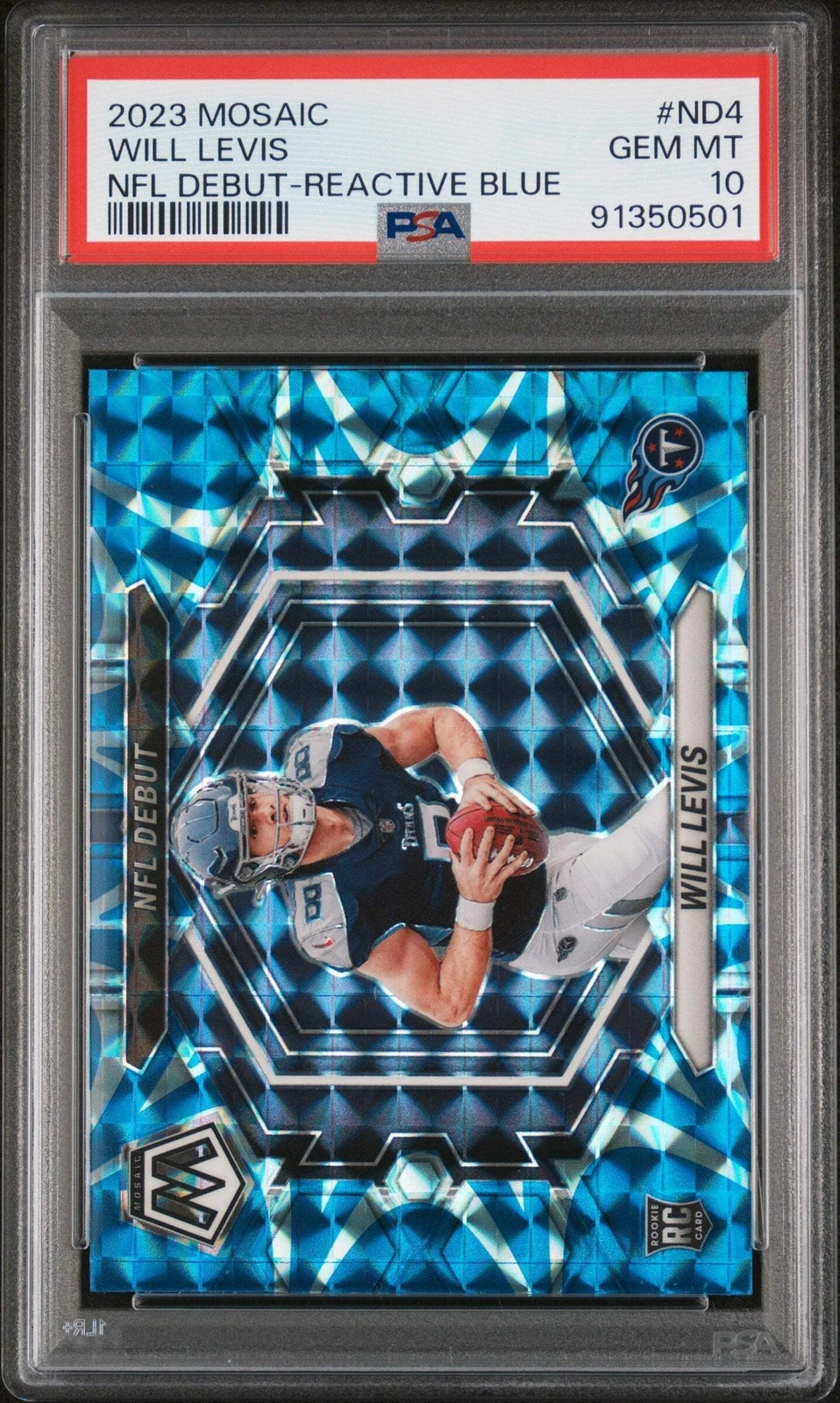 Graded 2023 Mosaic Will Levis #ND4 Debut Reactive Blue RC Football Card PSA 10