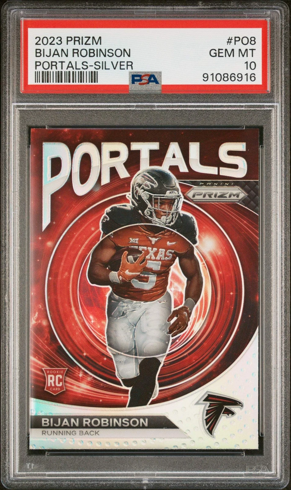 Graded 2023 Prizm Bijan Robinson #PO8 Portals Silver RC Football Card PSA 10