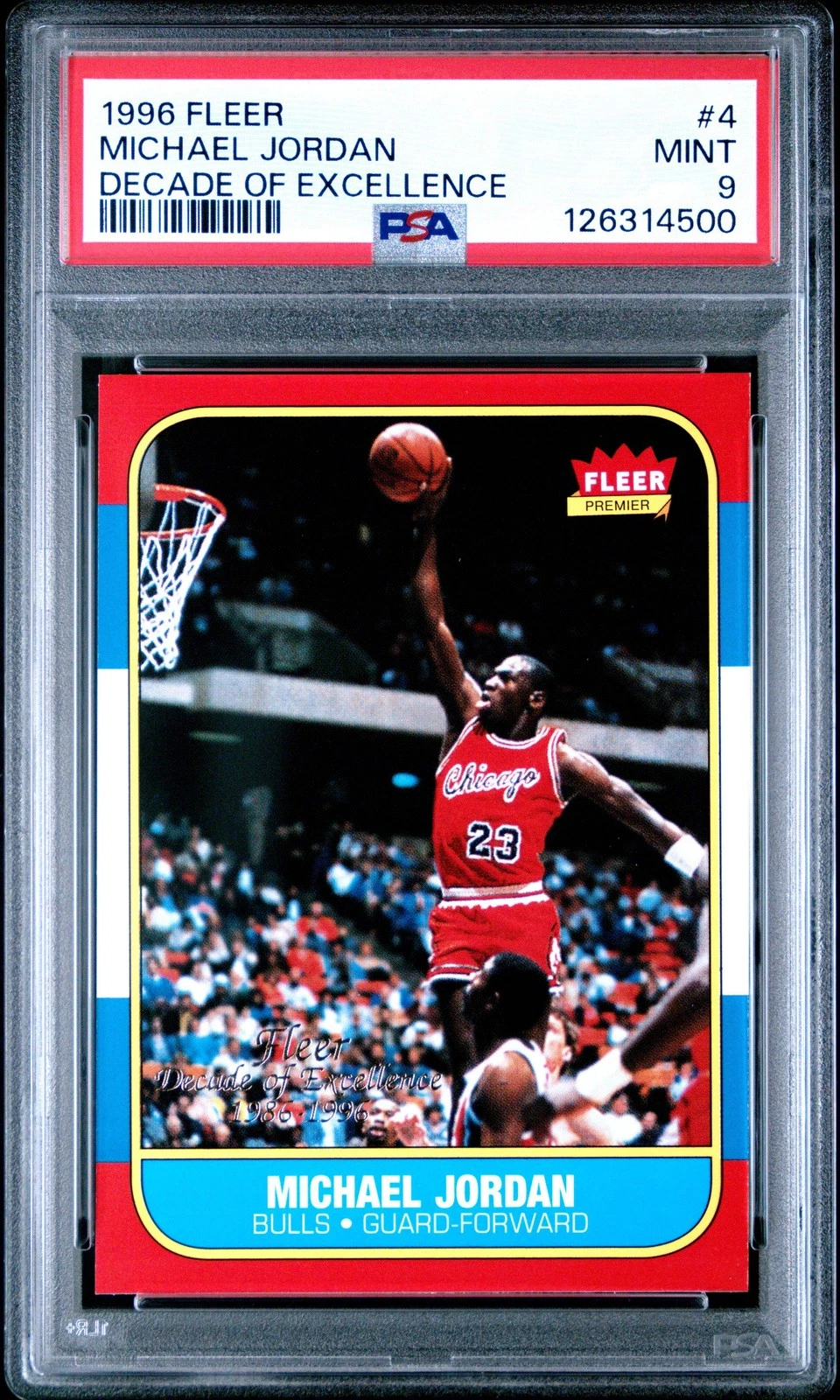 Graded 1996 Fleer Michael Jordan #4 DOE Rookie Reprint Card PSA 9 Mint