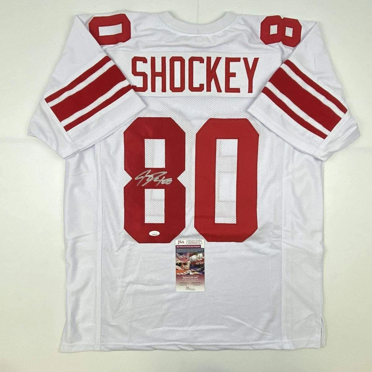 Autographed/Signed JEREMY SHOCKEY New York White Football Jersey JSA COA Auto
