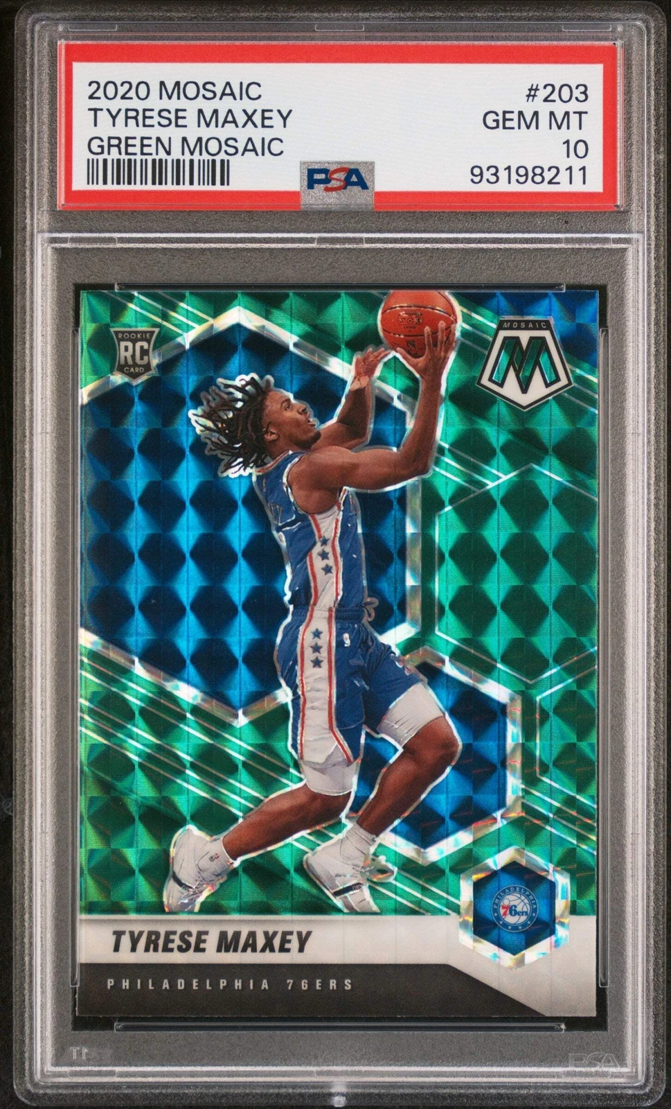 Graded 2020 Mosaic Tyrese Maxey #203 Green Mosaic RC Basketball Card PSA 10