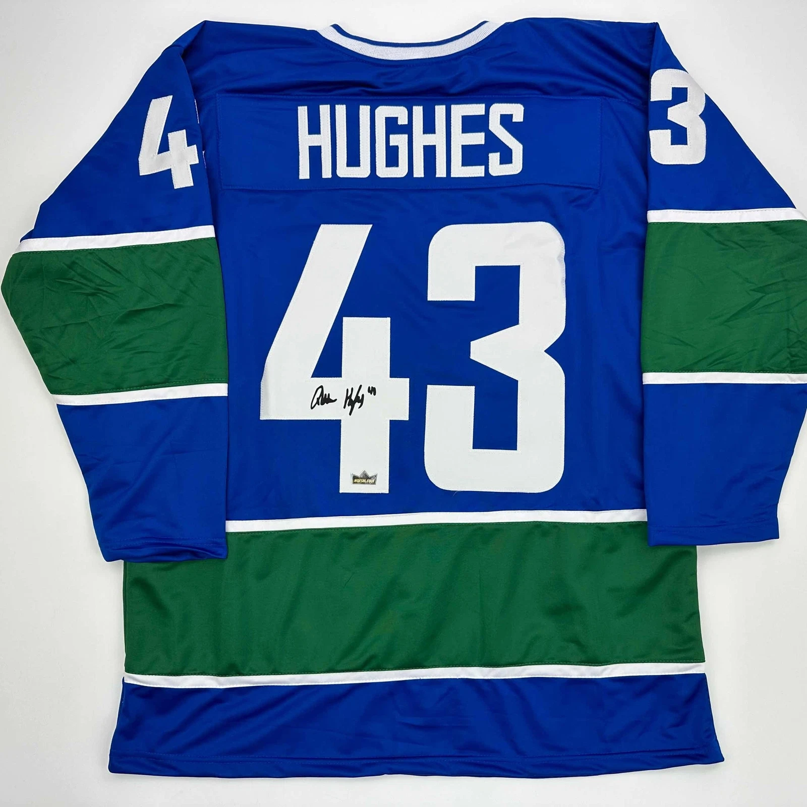 Facsimile Autographed Quinn Hughes Vancouver Blue Reprint Jersey Size Men's XL