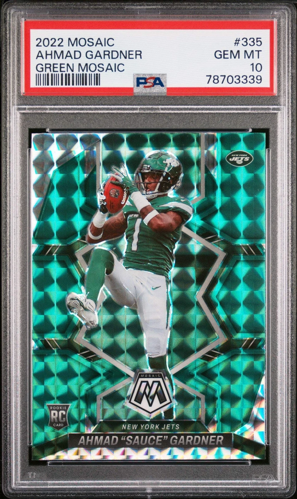 Graded 2022 Mosaic Ahmad Sauce Gardner #335 Green Mosaic RC Football Card PSA 10