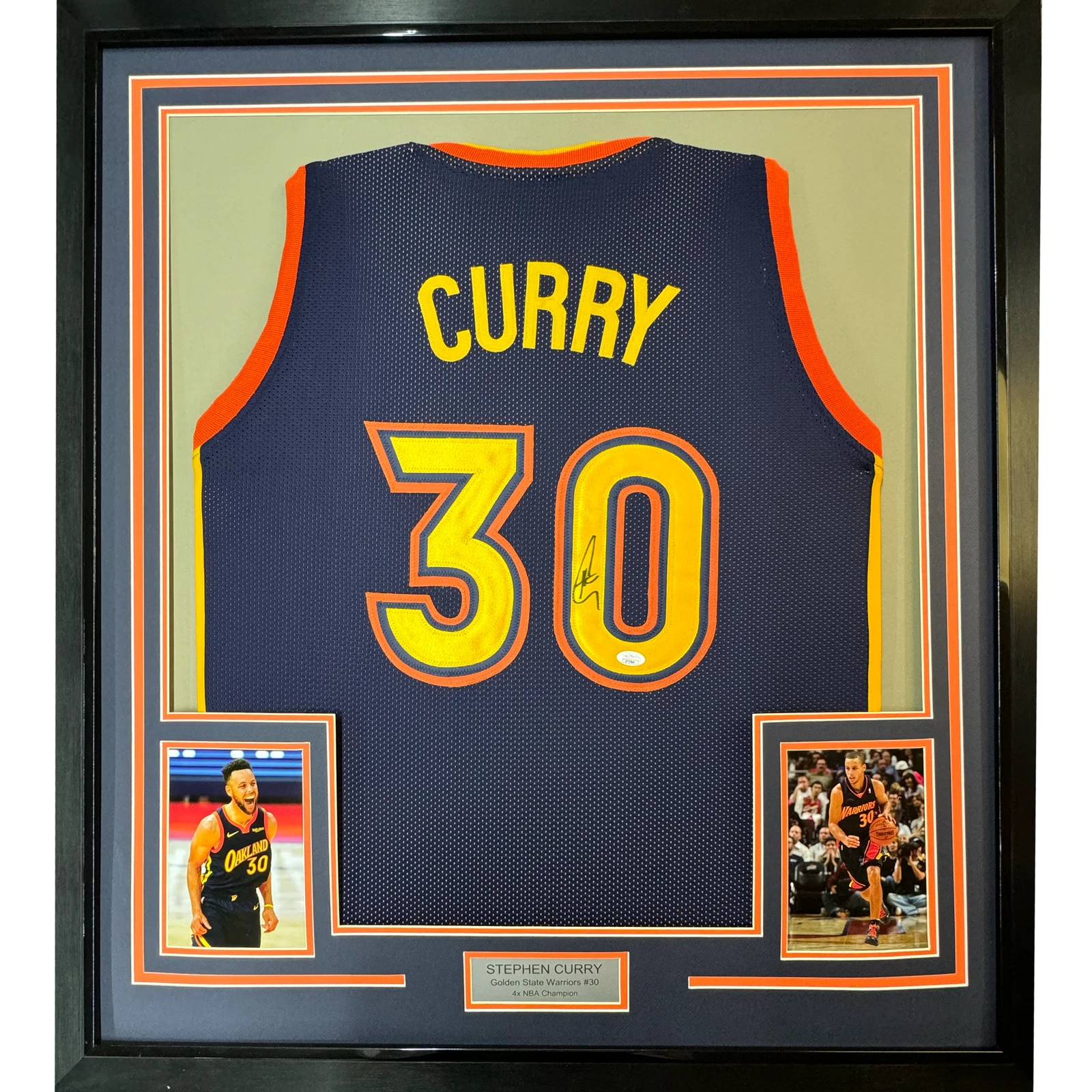 Framed Autographed/Signed Stephen Steph Curry 35x39 Navy Retro Jersey JSA COA