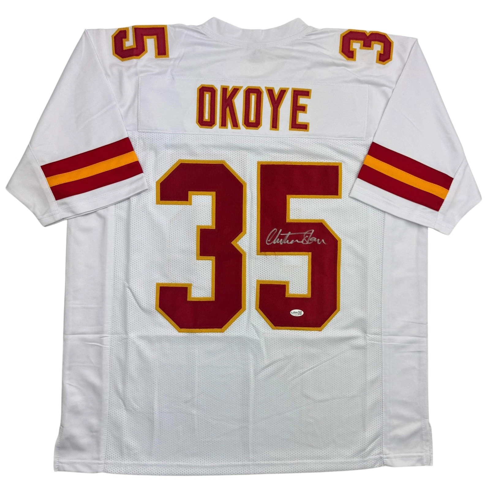 Autographed/Signed Christian Okoye Kansas City White Football Jersey JSA COA