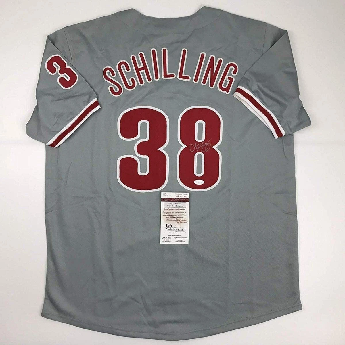 Autographed/Signed Curt Schilling Philadelphia Grey Baseball Jersey JSA COA
