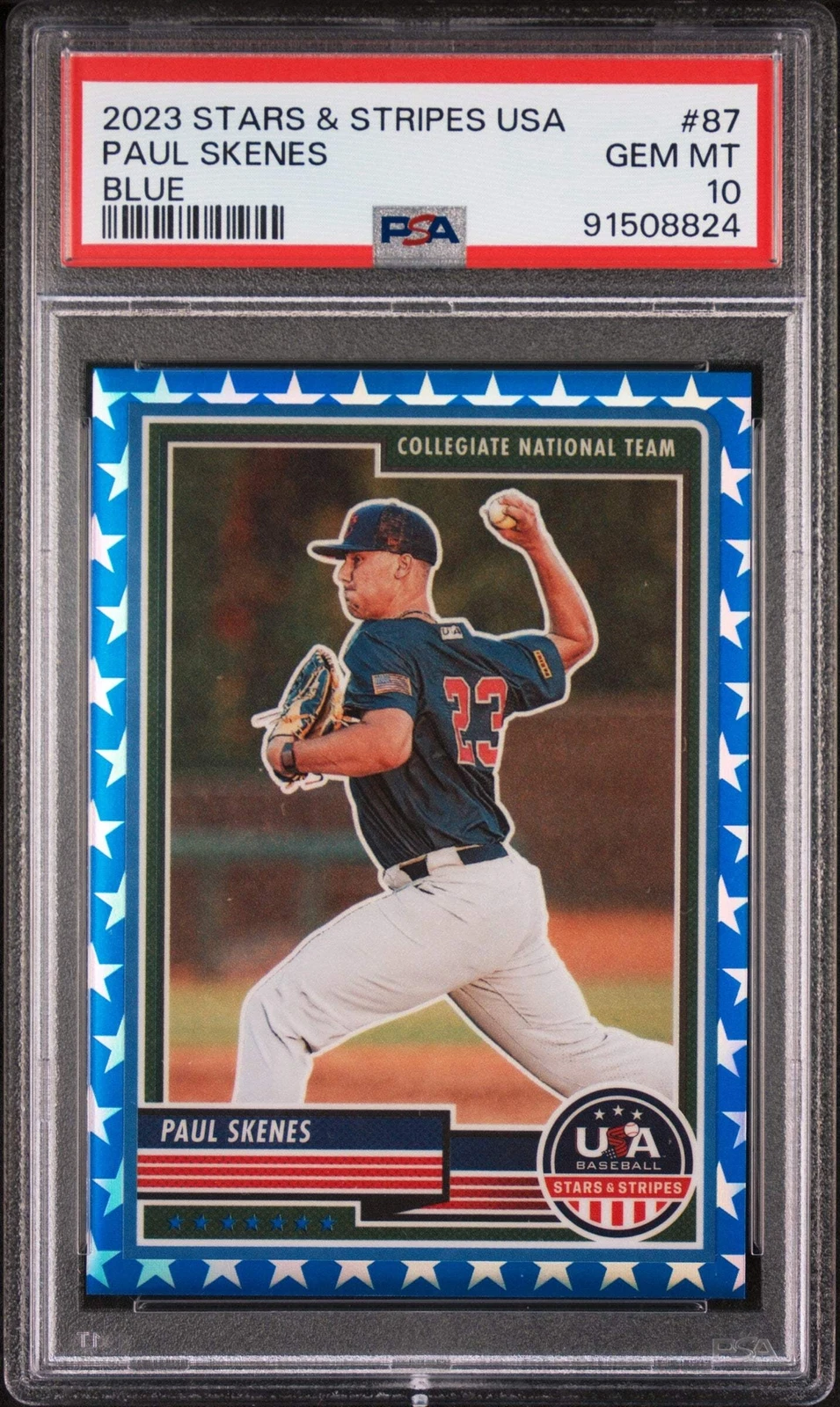 Graded 2023 Panini Stars&Stripes Paul Skenes #87 Blue #/75 Baseball Card PSA 10