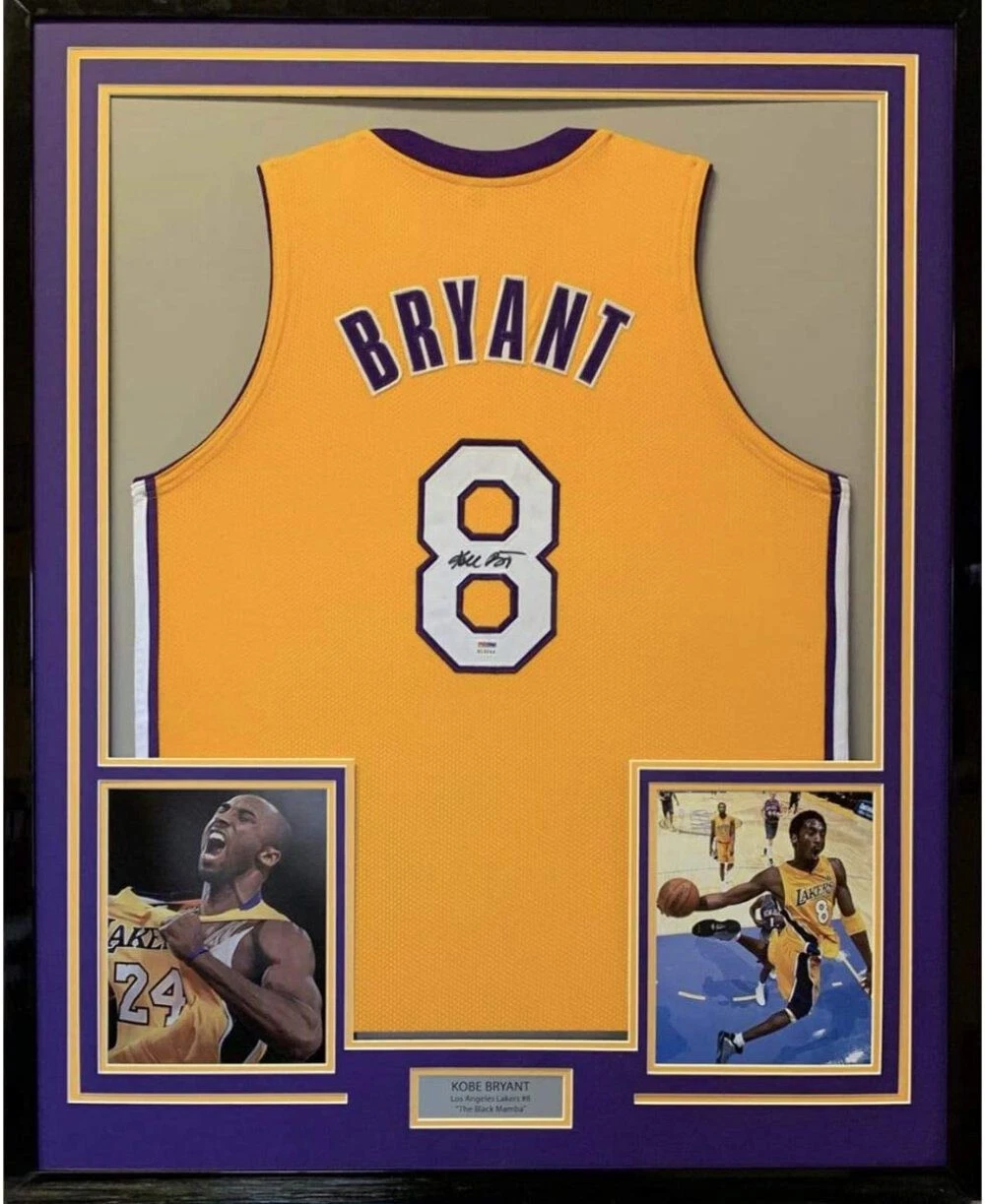 FRAMED Autographed/Signed KOBE BRYANT 33x42 Los Angeles LA Yellow Jersey PSA COA