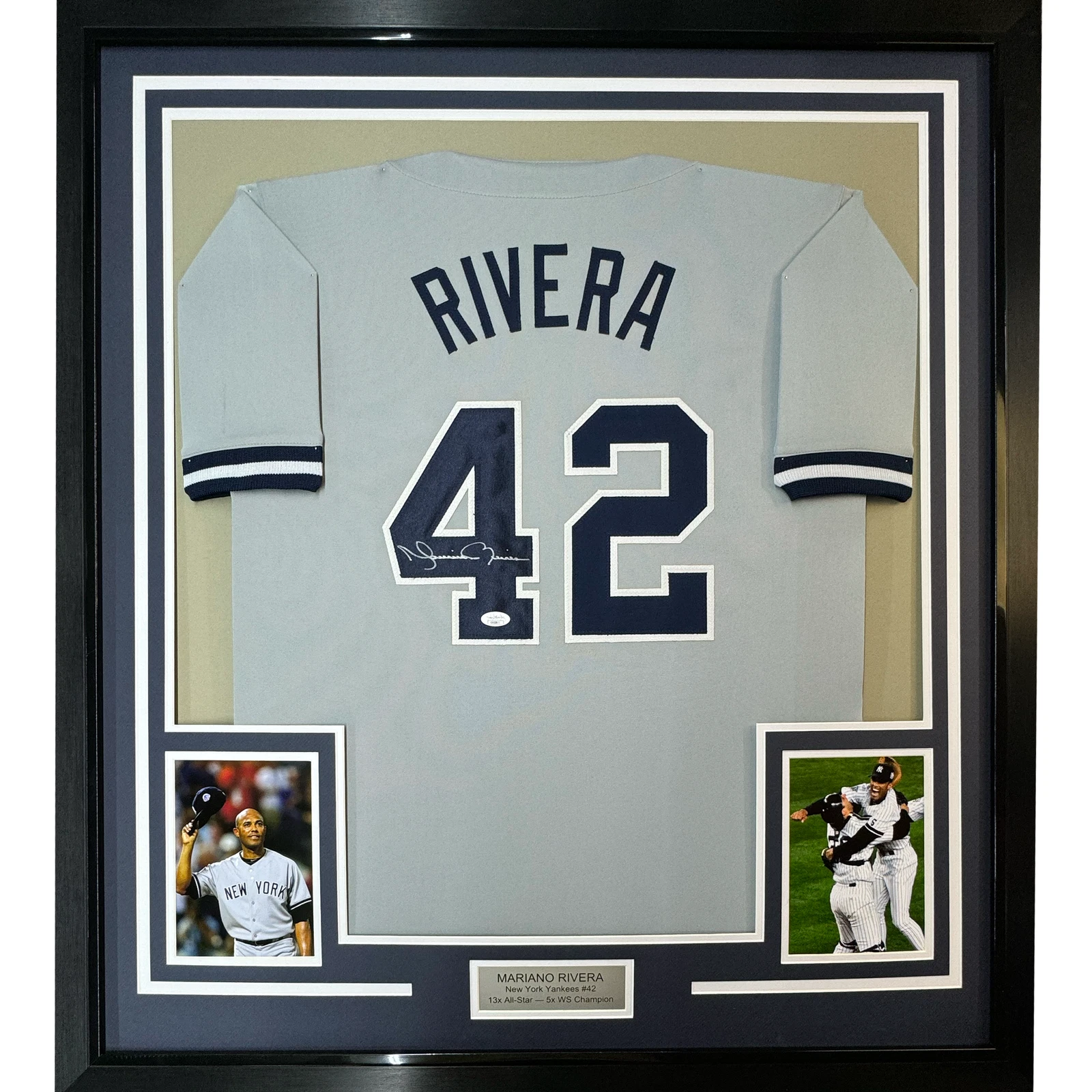 Framed Autographed/Signed Mariano Rivera 33x42 New York Grey Jersey JSA COA/LOA
