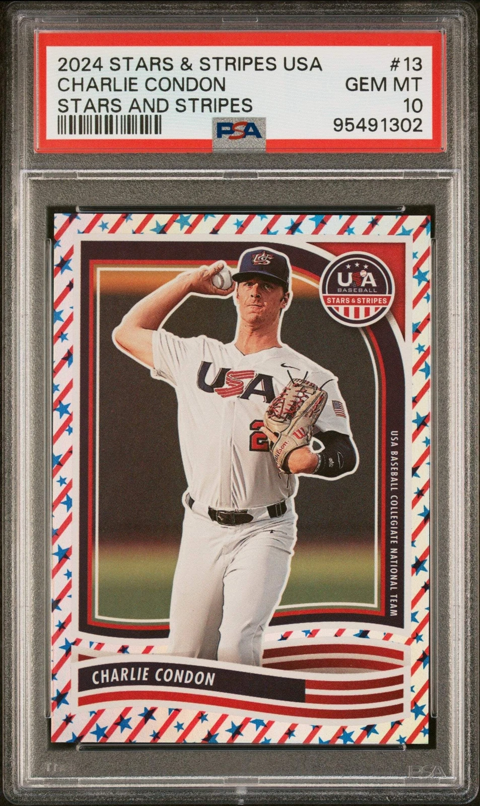 Graded 2024 Panini Charlie Condon #13 Stars & Stripes #/50 Baseball Card PSA 10