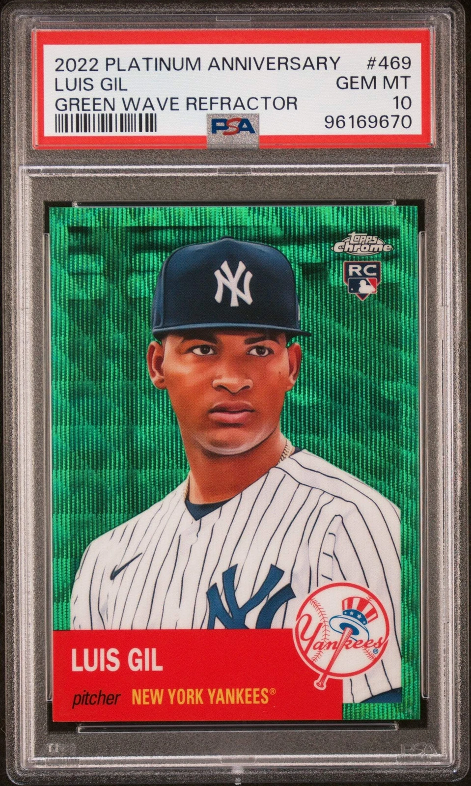 Graded 2022 Topps Platinum Luis Gil #469 Green Wave REF /99 Baseball Card PSA 10