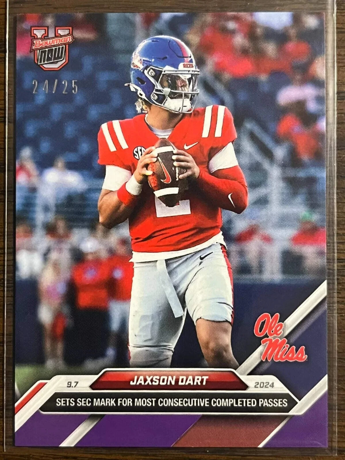2024 Topps Bowman U Now Jaxson Dart #10 Purple #/25 Ole Miss Rebels Football Car