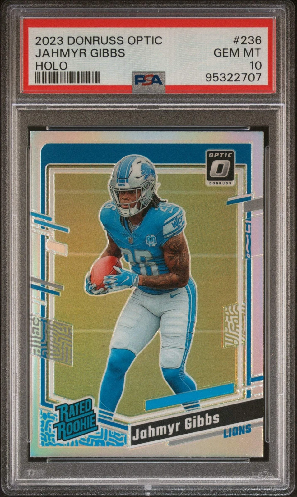 Graded 2023 Panini Donruss Optic Jahmyr Gibbs #236 Holo RC Football Card PSA 10