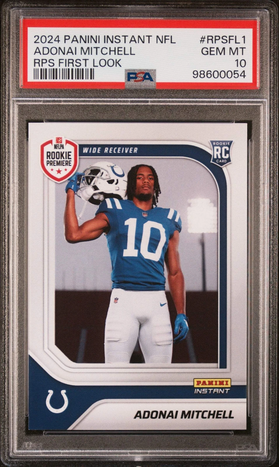 Graded 2024 Panini Instant NFL Adonai Mitchell #RPSFL1 RC Football Card PSA 10