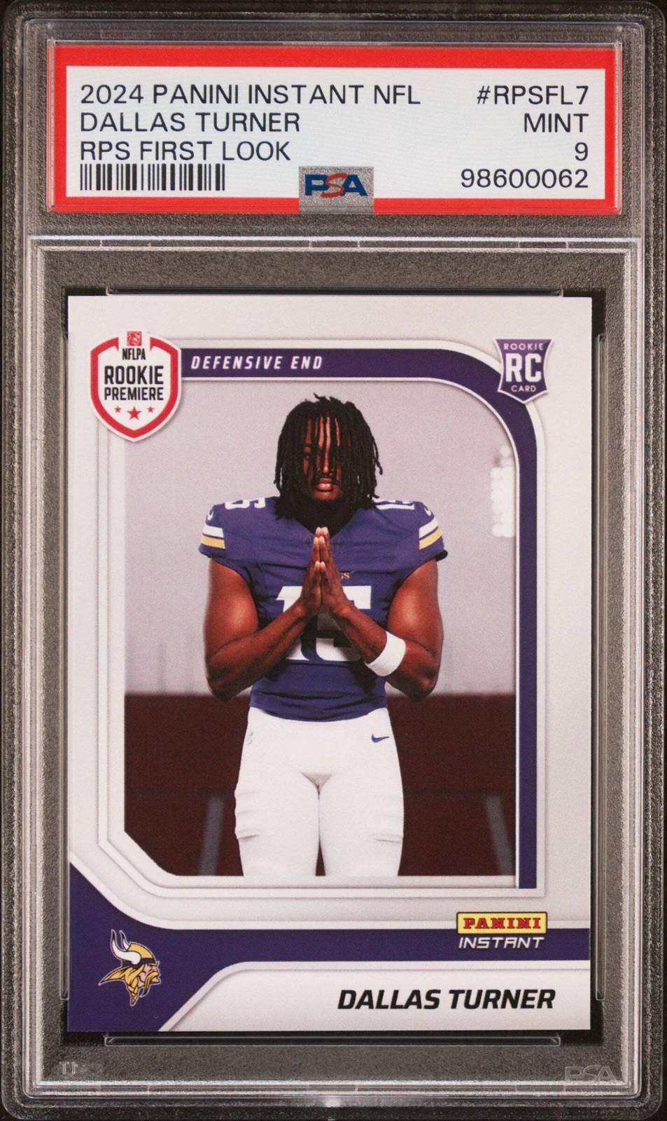 Graded 2024 Panini Instant NFL Dallas Turner #RPSFL7 Rookie Football Card PSA 9
