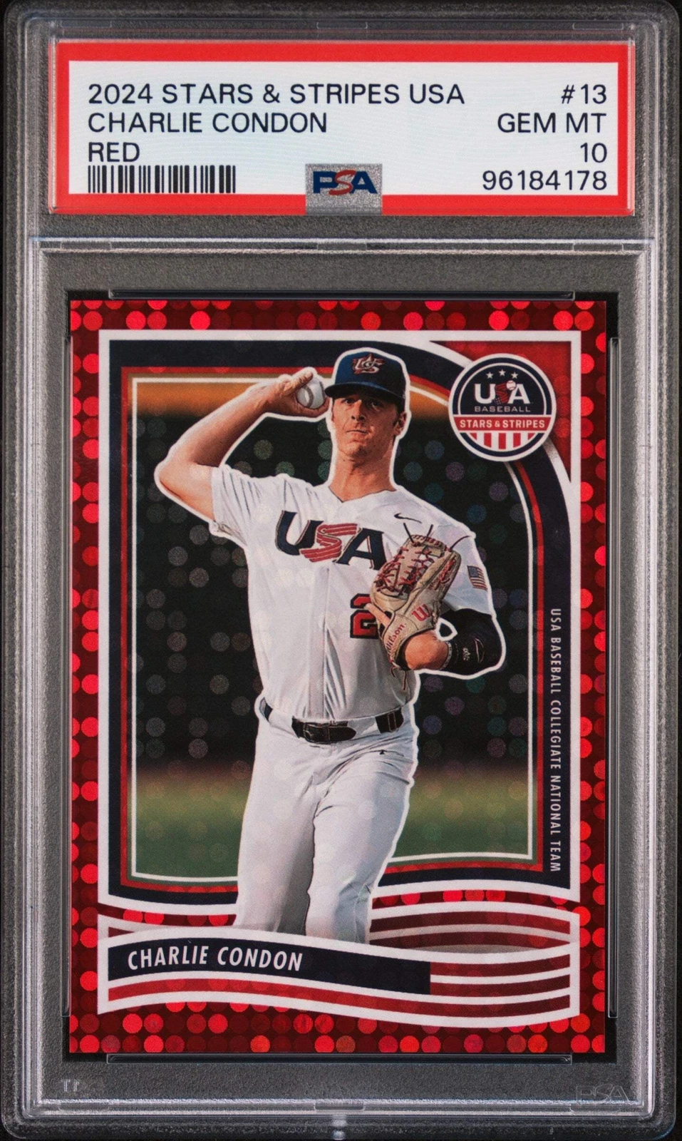 Graded 2024 Panini S&S USA Charlie Condon #13 Red /199 RC Baseball Card PSA 10