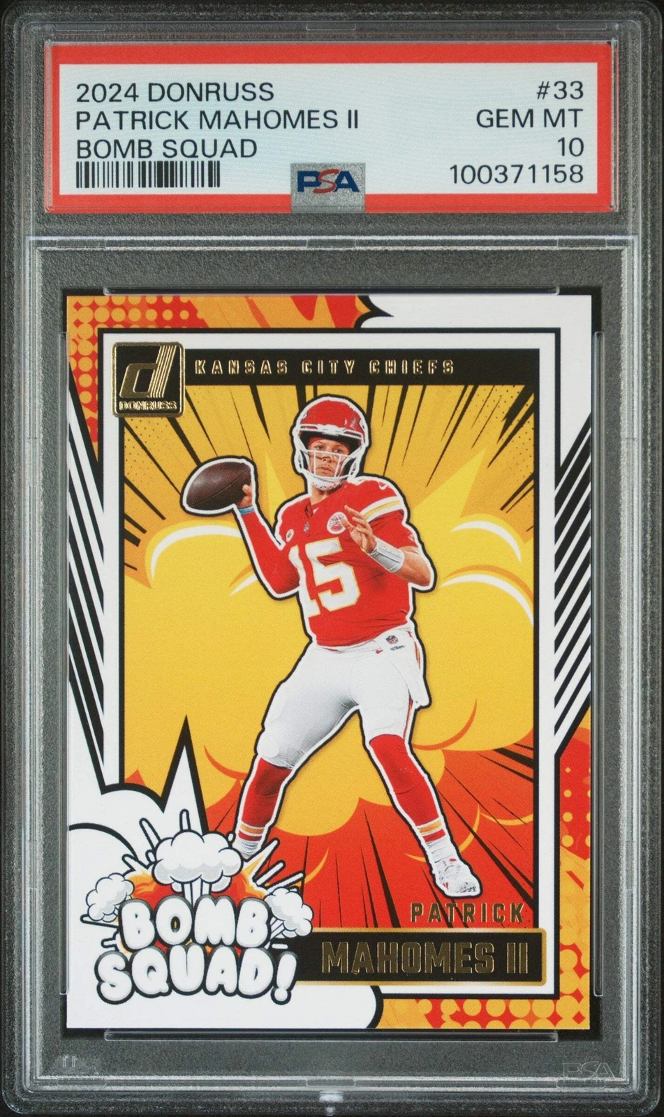 Graded 2024 Panini Donruss Patrick Mahomes #33 Bomb Squad Football Card PSA 10