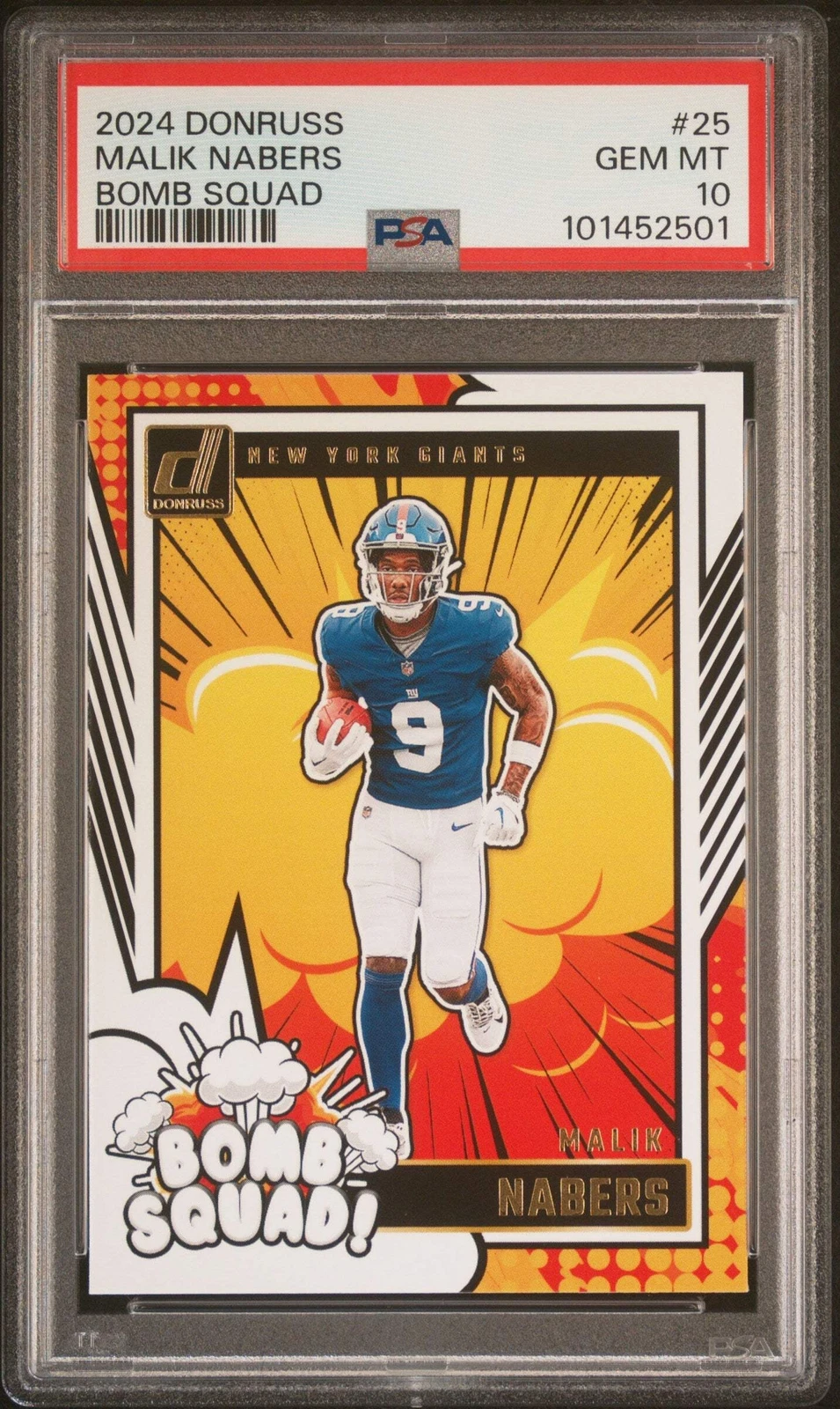 Graded 2024 Panini Donruss Malik Nabers #25 Bomb Squad RC Football Card PSA 10