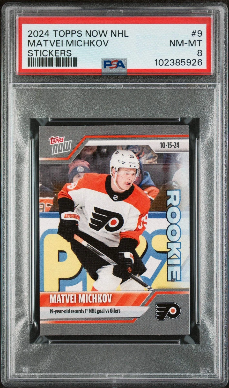 Graded 2024 Topps Now NHL Matvei Michkov #9 Stickers Rookie RC Hockey Card PSA 8
