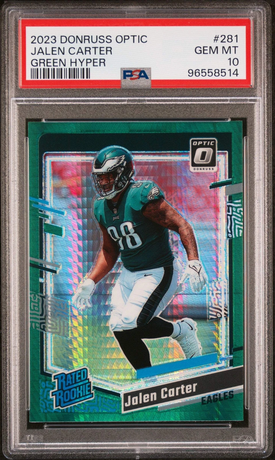 Graded 2023 Donruss Optic Jalen Carter #281 Green Hyper RC Football Card PSA 10