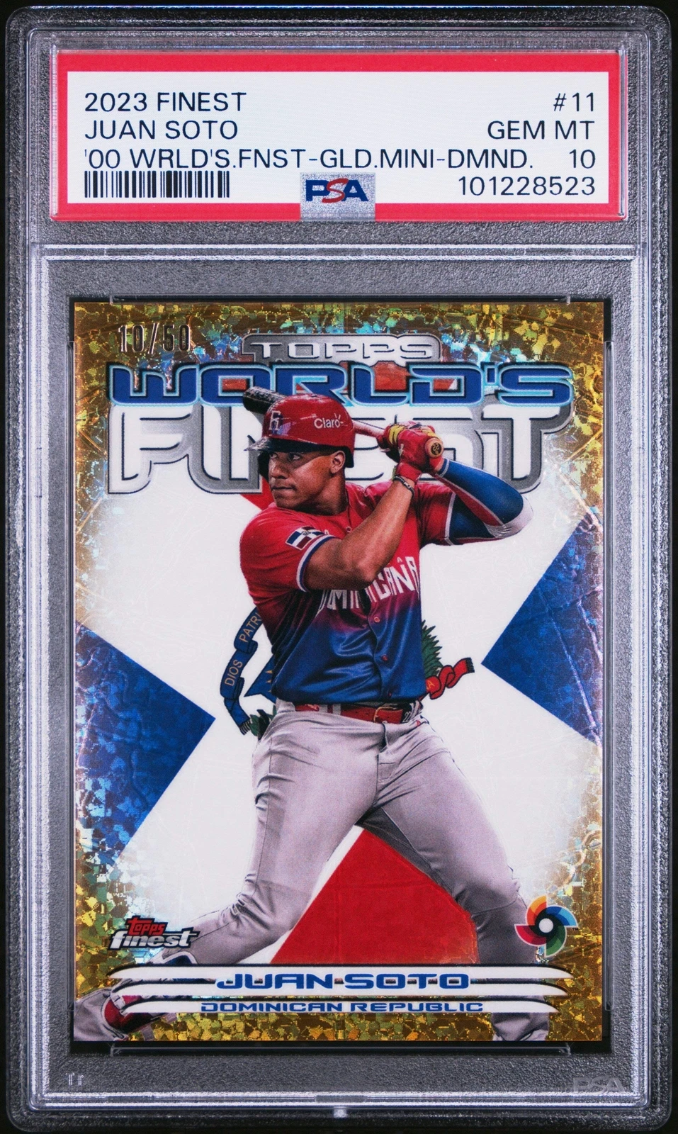 Graded 2023 Topps Finest Juan Soto #11 '00 Gold Mini /50 Baseball Card PSA 10