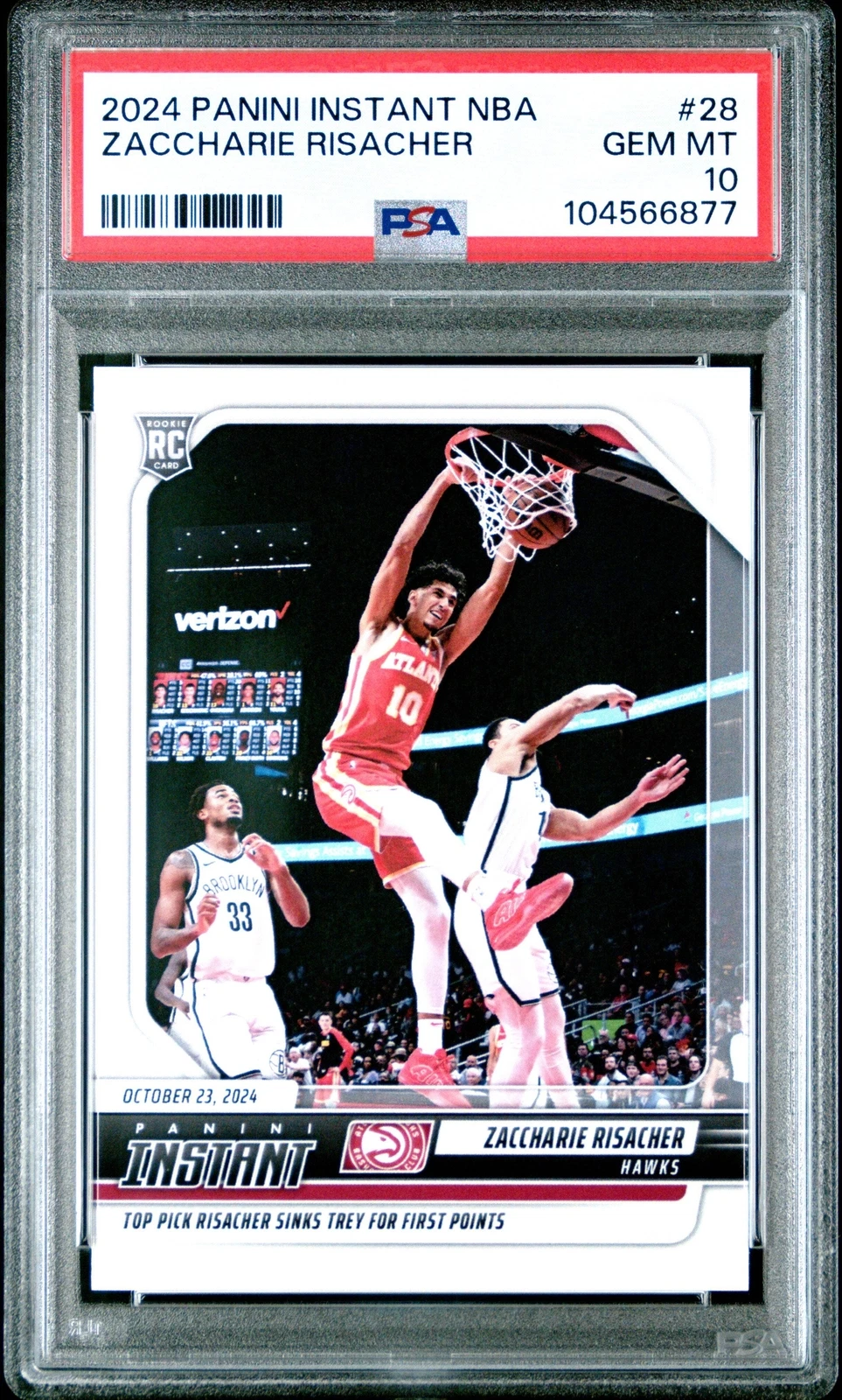 Graded 2024 Panini Instant NBA Zaccharie Risacher #28 RC Basketball Card PSA 10