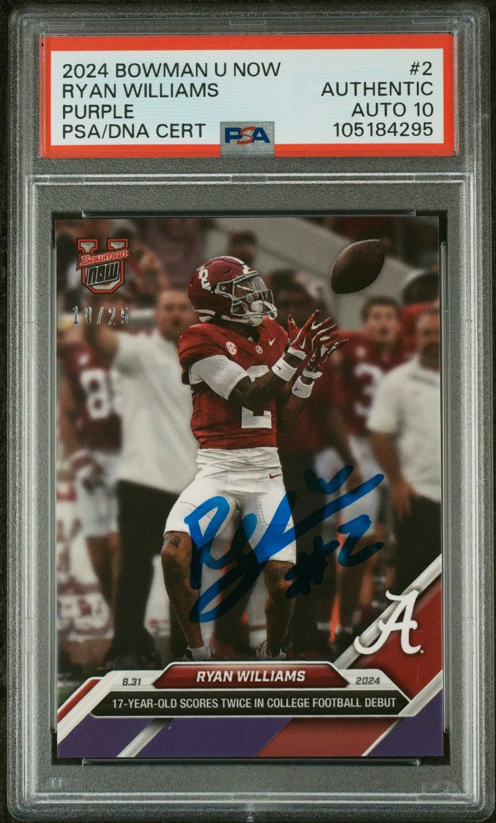 Graded 2024 Bowman U Now Ryan Williams #2 Purple /25 Football Card PSA 10 Auto