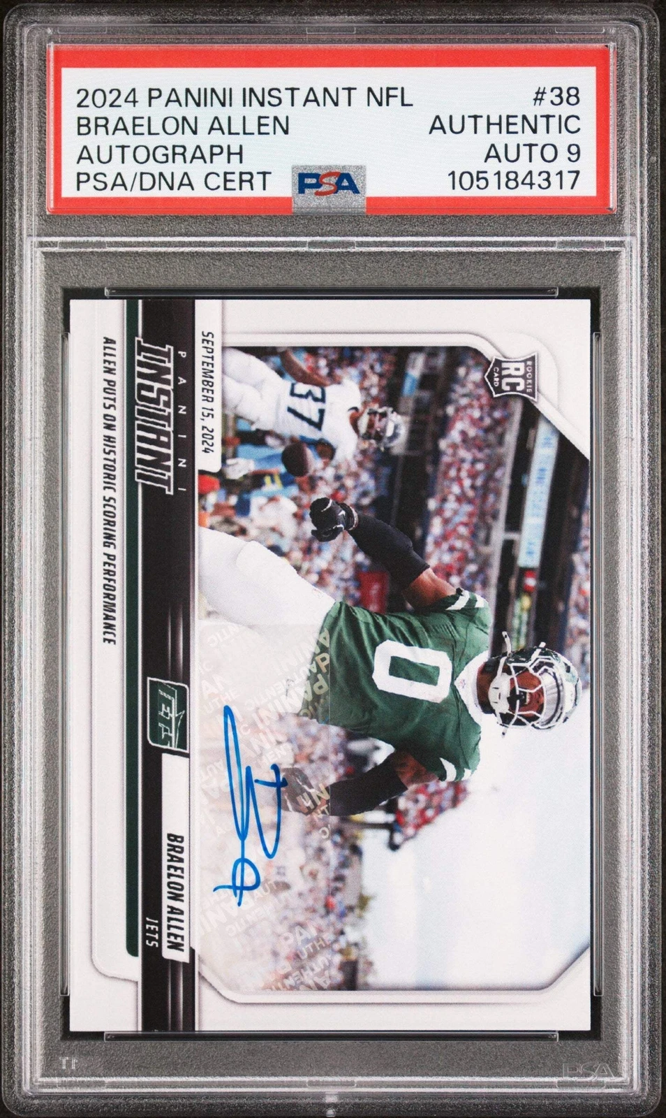 Graded 2024 Panini Instant Braelon Allen #38 Auto /99 Football Card PSA 9 Auto