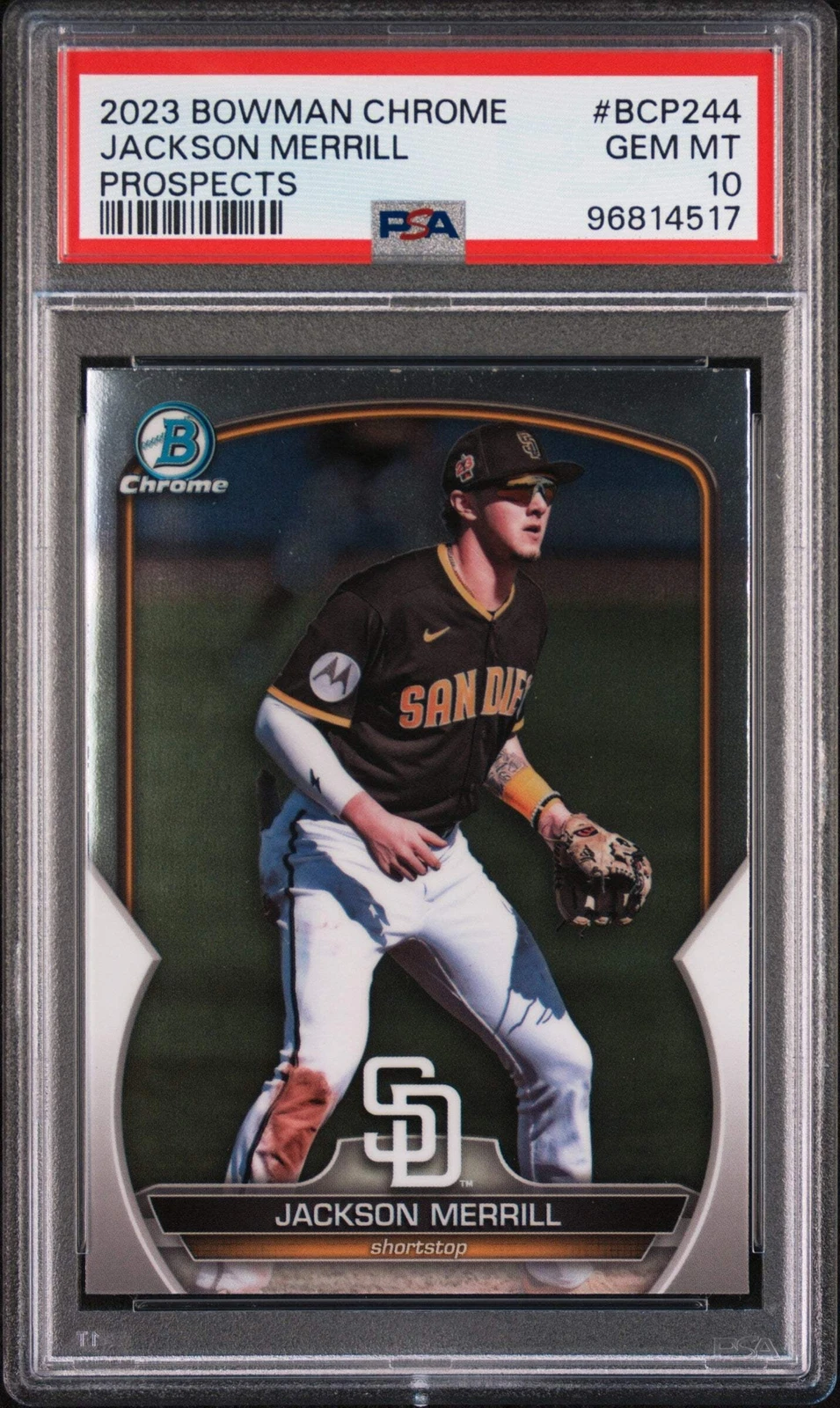 Graded 2023 Topps Bowman Chrome Jackson Merrill #BCP244 RC Baseball Card PSA 10
