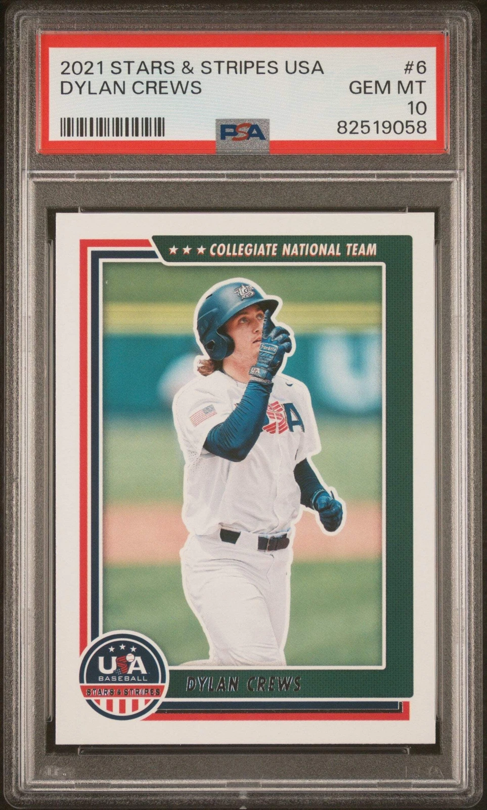 Graded 2021 Panini Stars & Stripes USA Dylan Crews #6 RC Baseball Card PSA 10