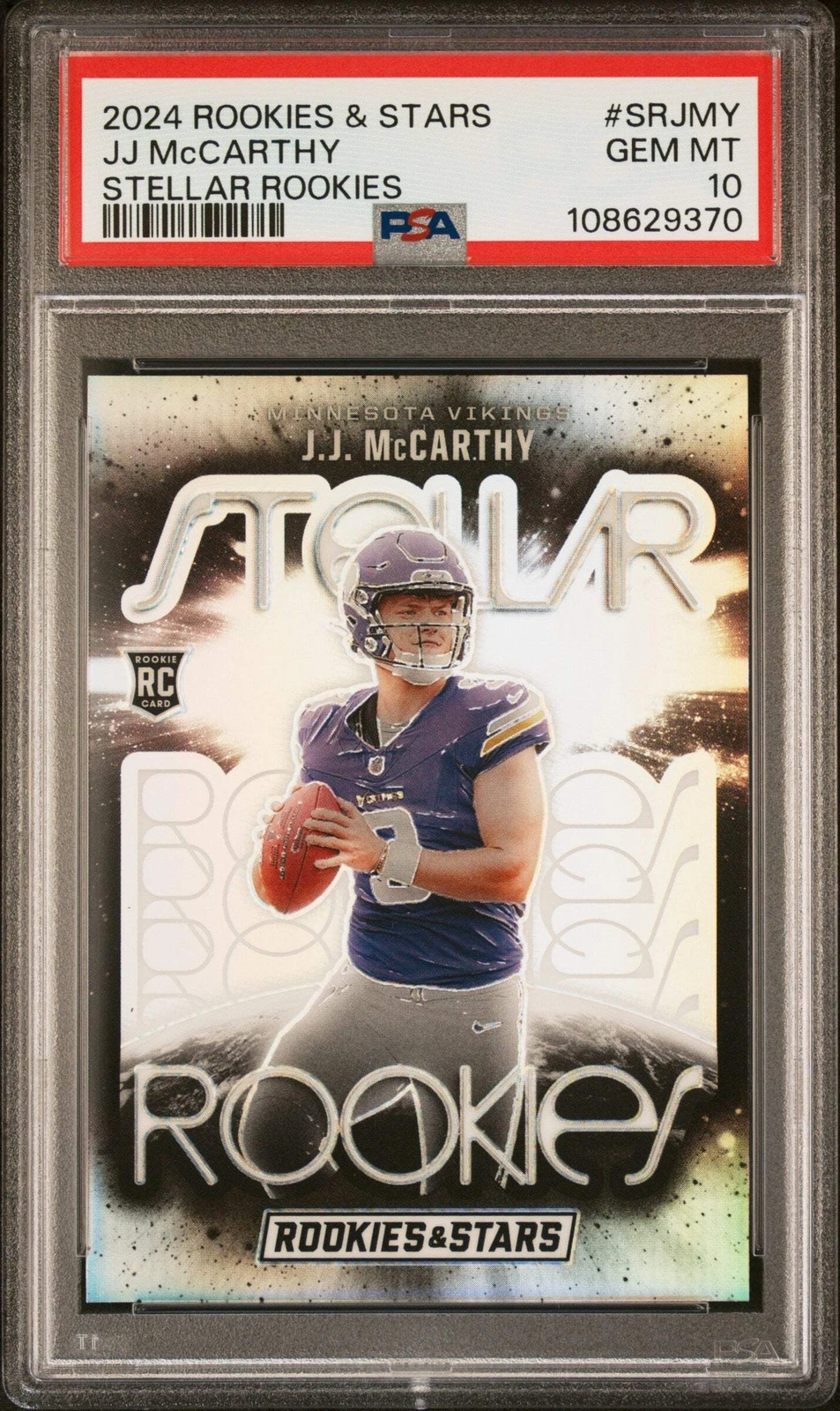 Graded 2024 Panini R&S JJ McCarthy #SRJMY Stellar Rookies Football Card PSA 10