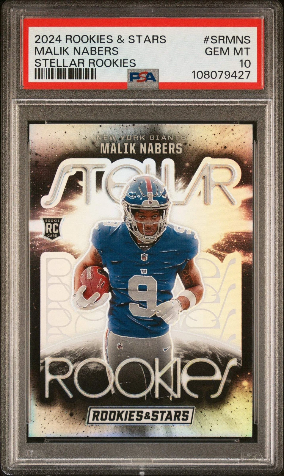Graded 2024 Panini R&S Malik Nabers #SRMNS Stellar Rookies Football Card PSA 10