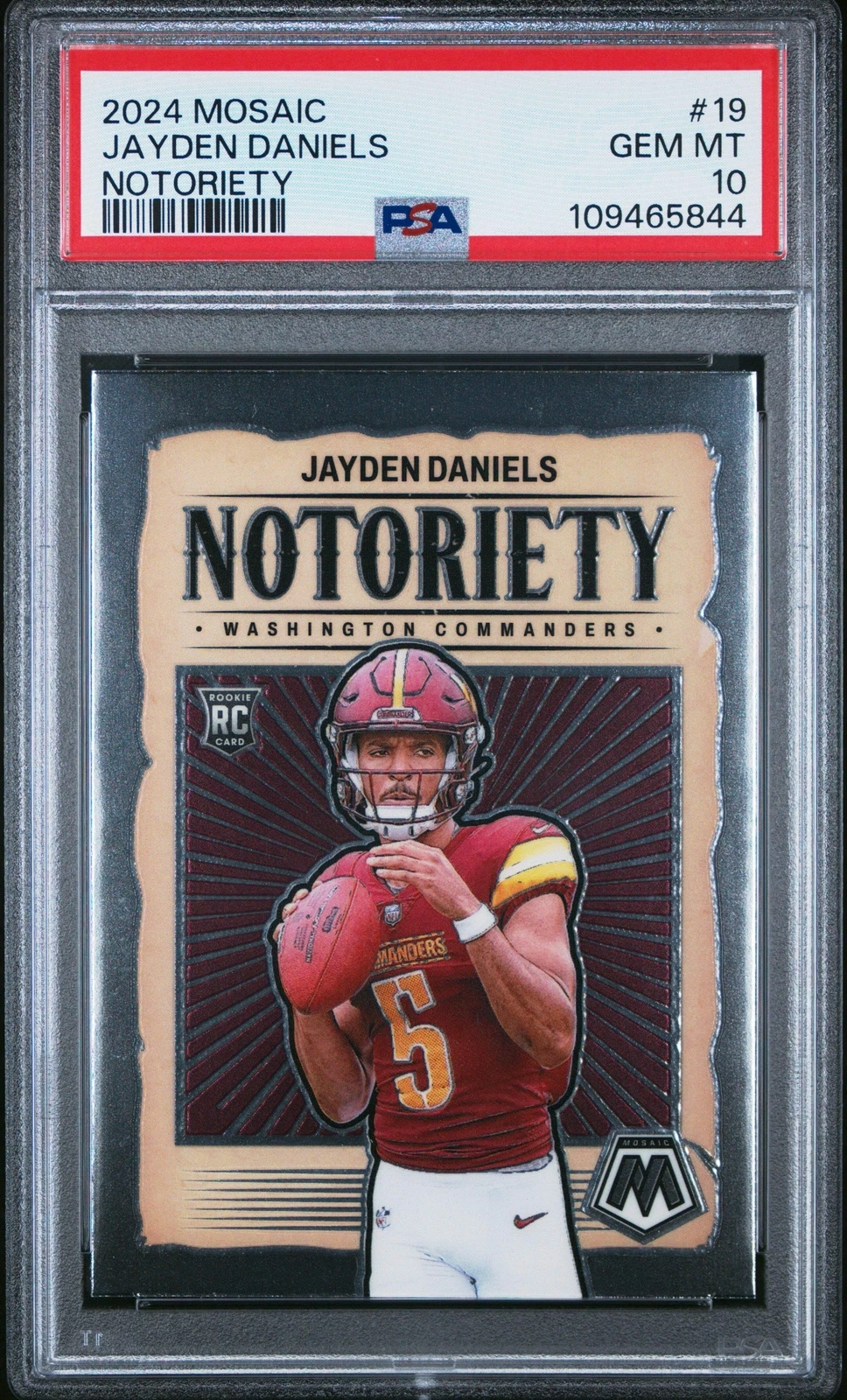 Graded 2024 Panini Mosaic Jayden Daniels #19 Notoriety RC Football Card PSA 10