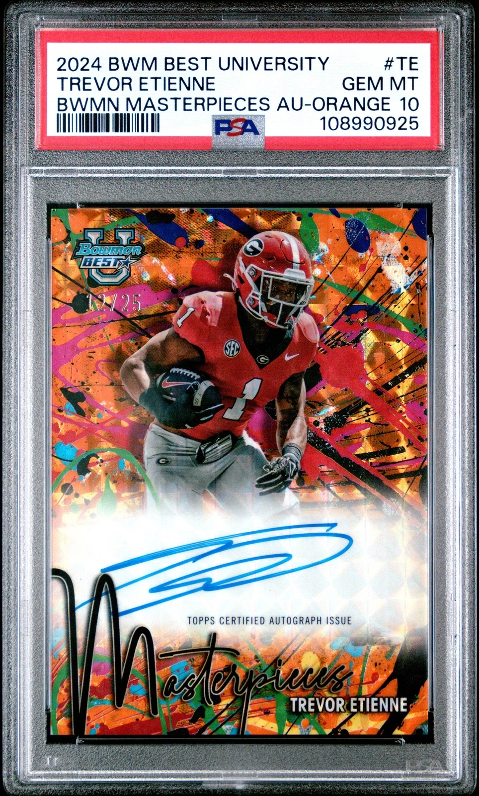 Graded 2024 BWM Best U Trevor Etienne #TE Auto Orange /25 Football Card PSA 10