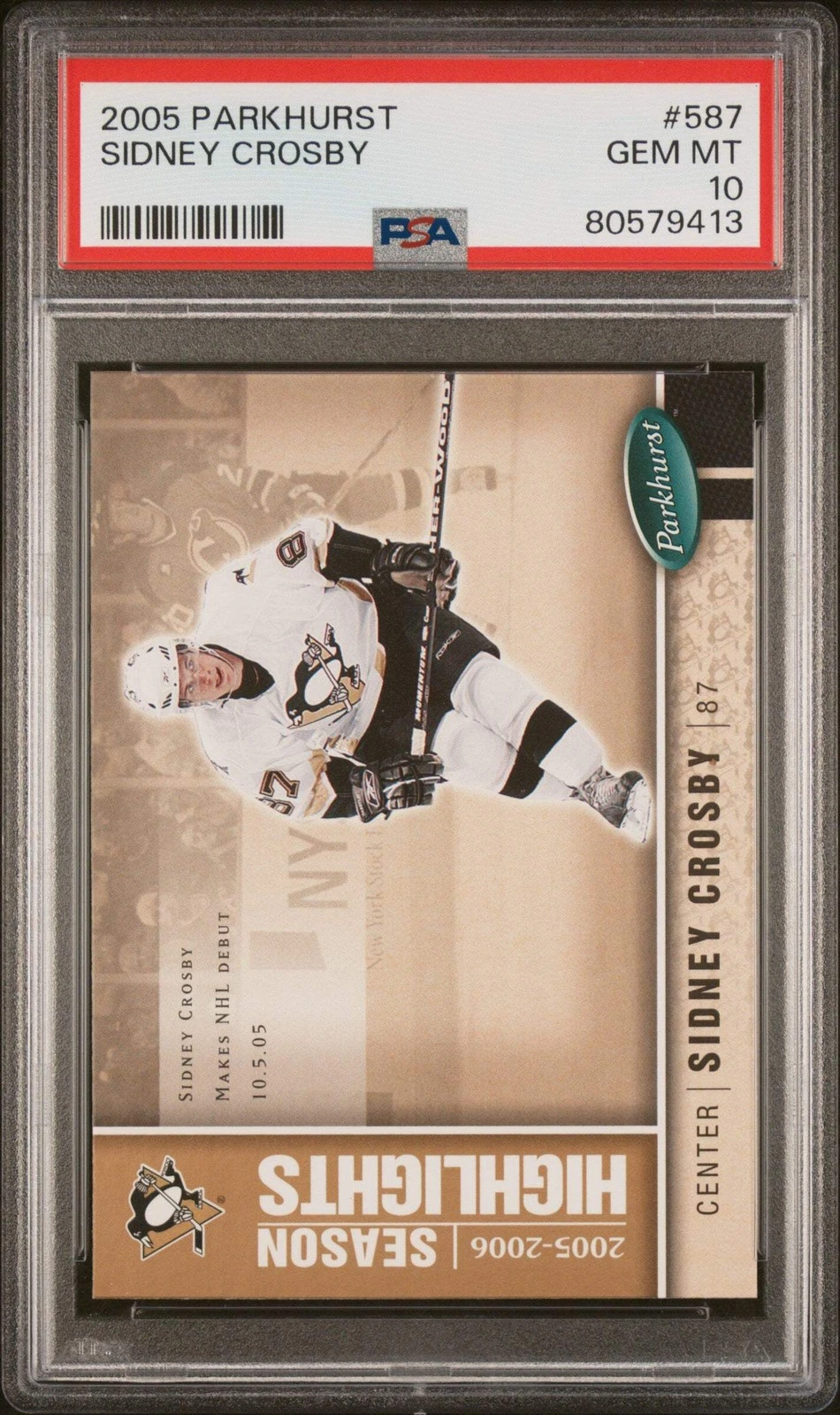 Graded 2005 Upper Deck Parkhurst Sidney Crosby #587 NHL Debut Rookie Card PSA 10
