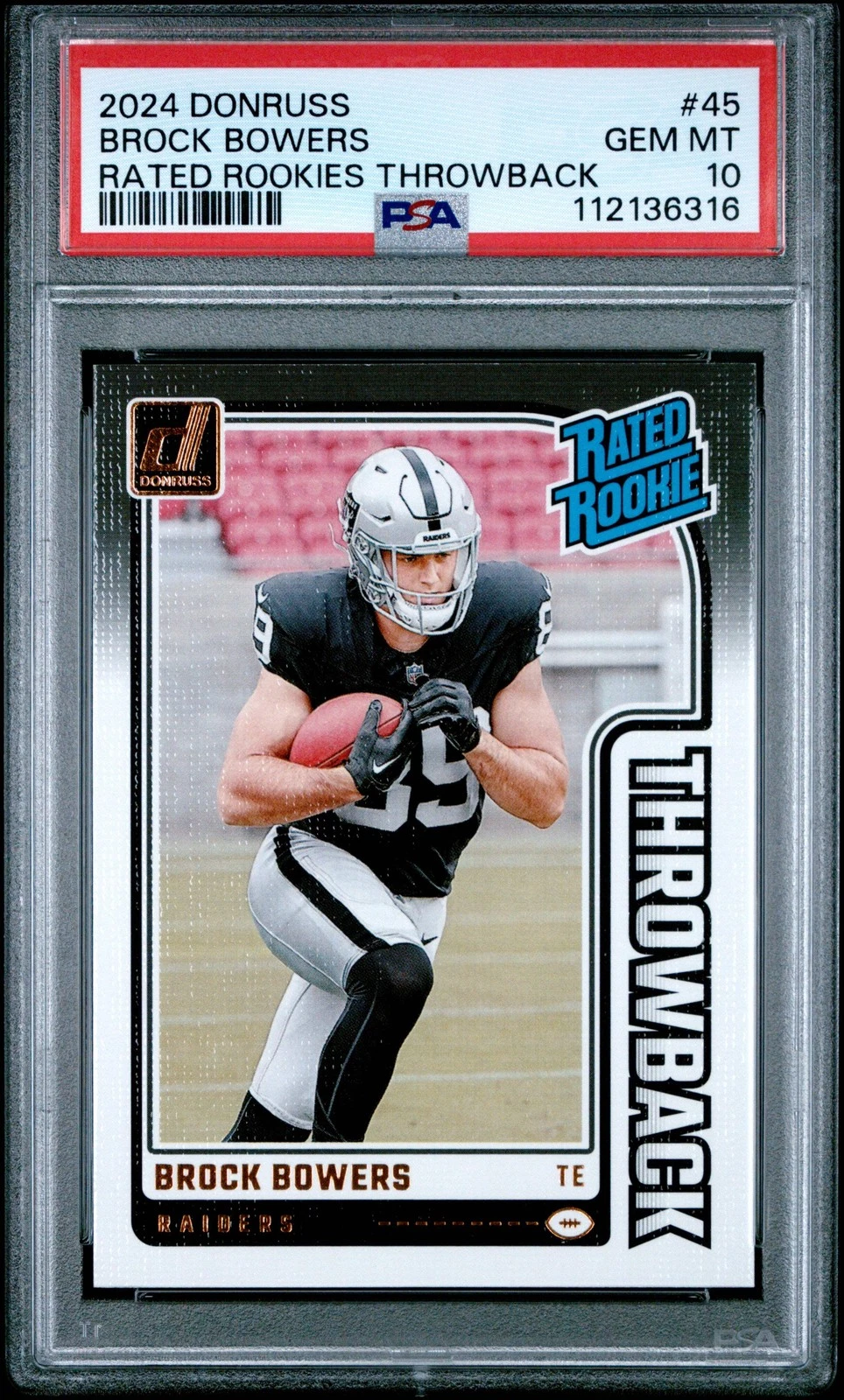 Graded 2024 Panini Donruss Brock Bowers #49 Rated Throwback Rookie Card PSA 10