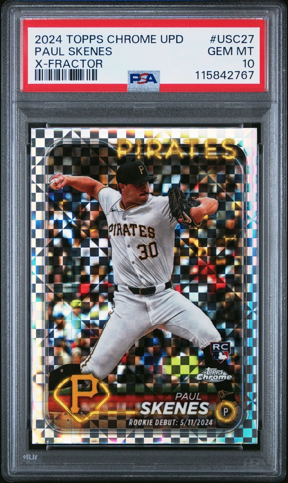 Graded 2024 Topps Chrome UPD Paul Skenes #USC27 XFractor RC Baseball Card PSA 10