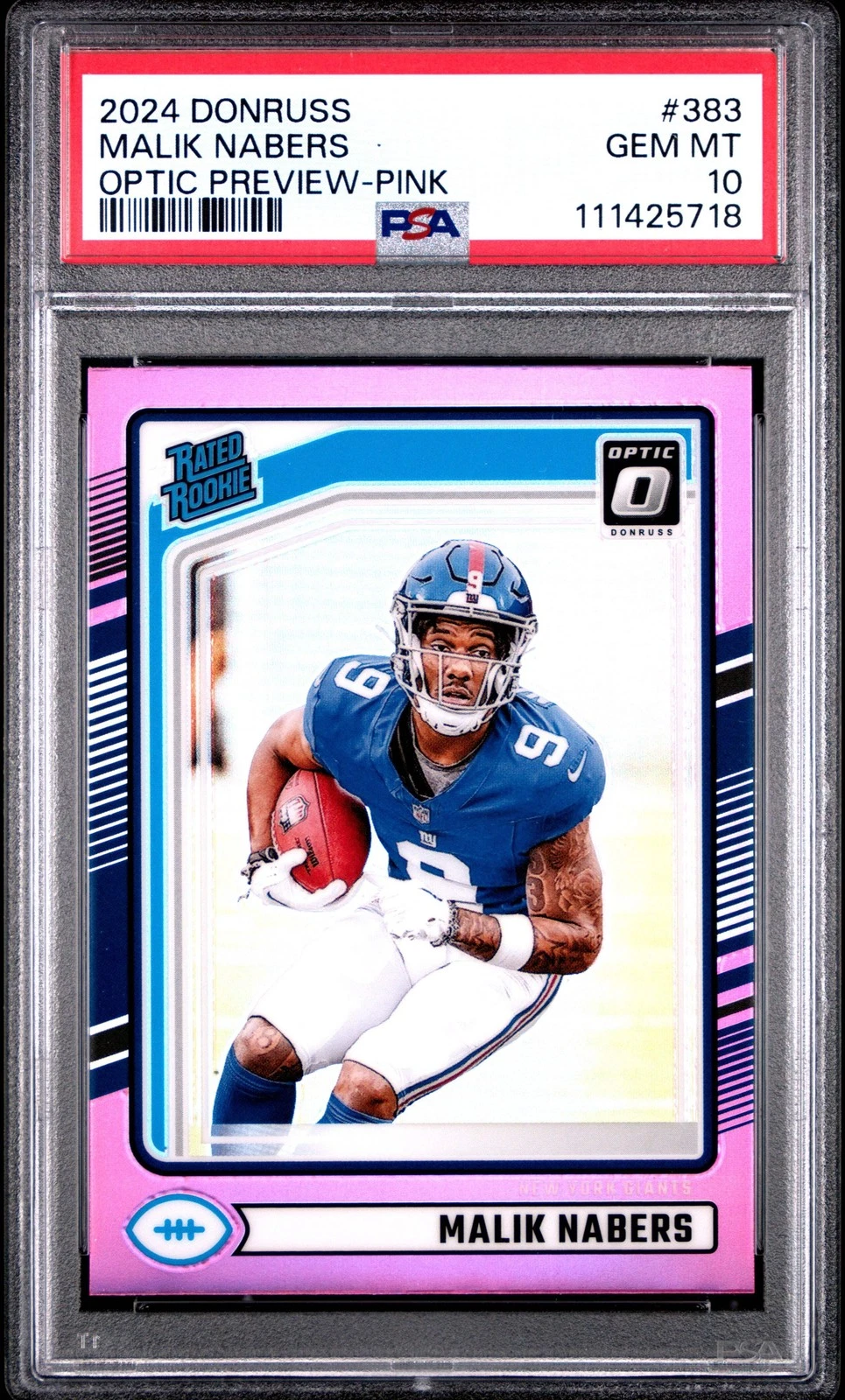 Graded 2024 Panini Donruss Malik Nabers #383 Optic Pink RC Football Card PSA 10