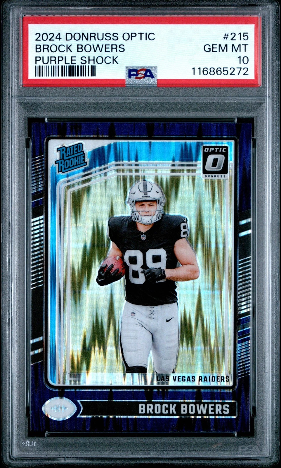 Graded 2024 Donruss Optic Brock Bowers #215 Purple Shock RC Football Card PSA 10